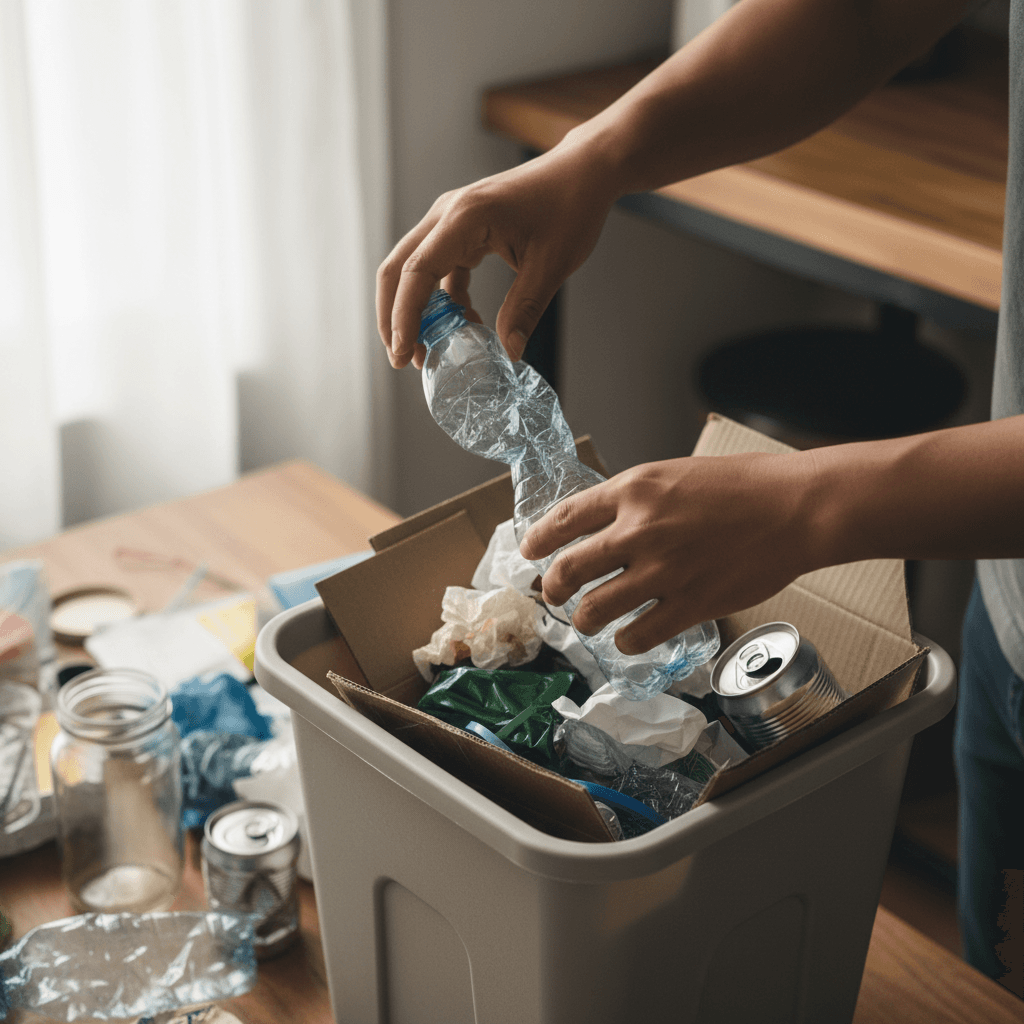 Person sorting recyclable materials into a bin