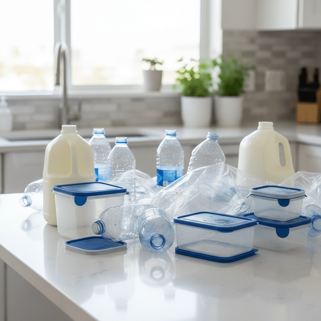 Variety of clean plastic bottles and containers