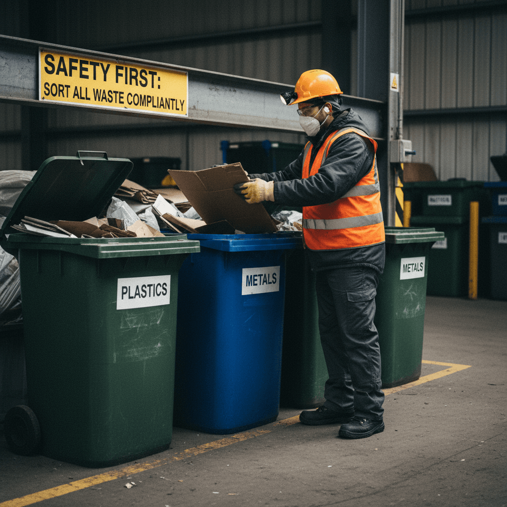 Worker performing compliant waste disposal procedures