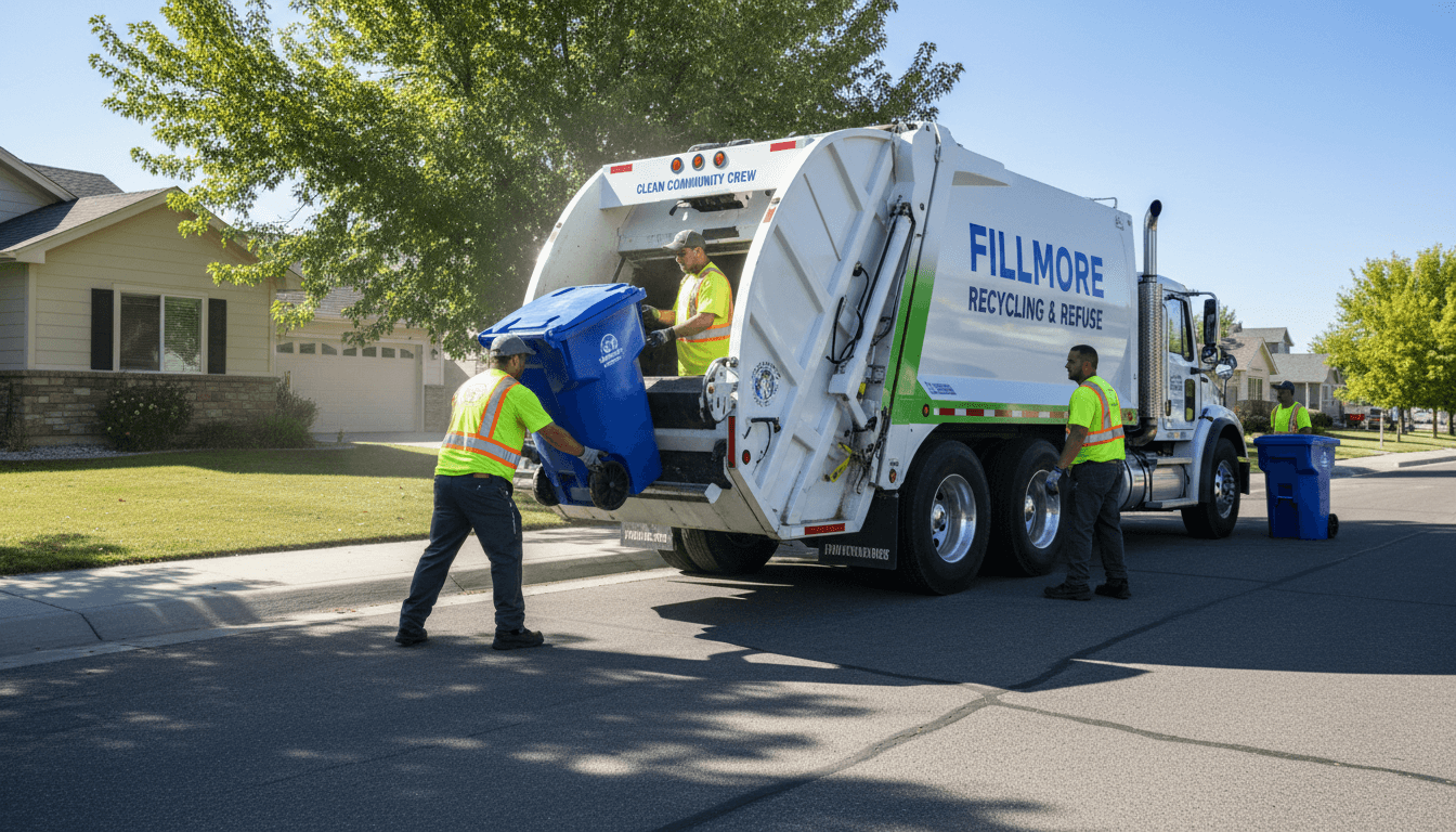 Professional waste management crew loading a recycling bin into a modern collection truck