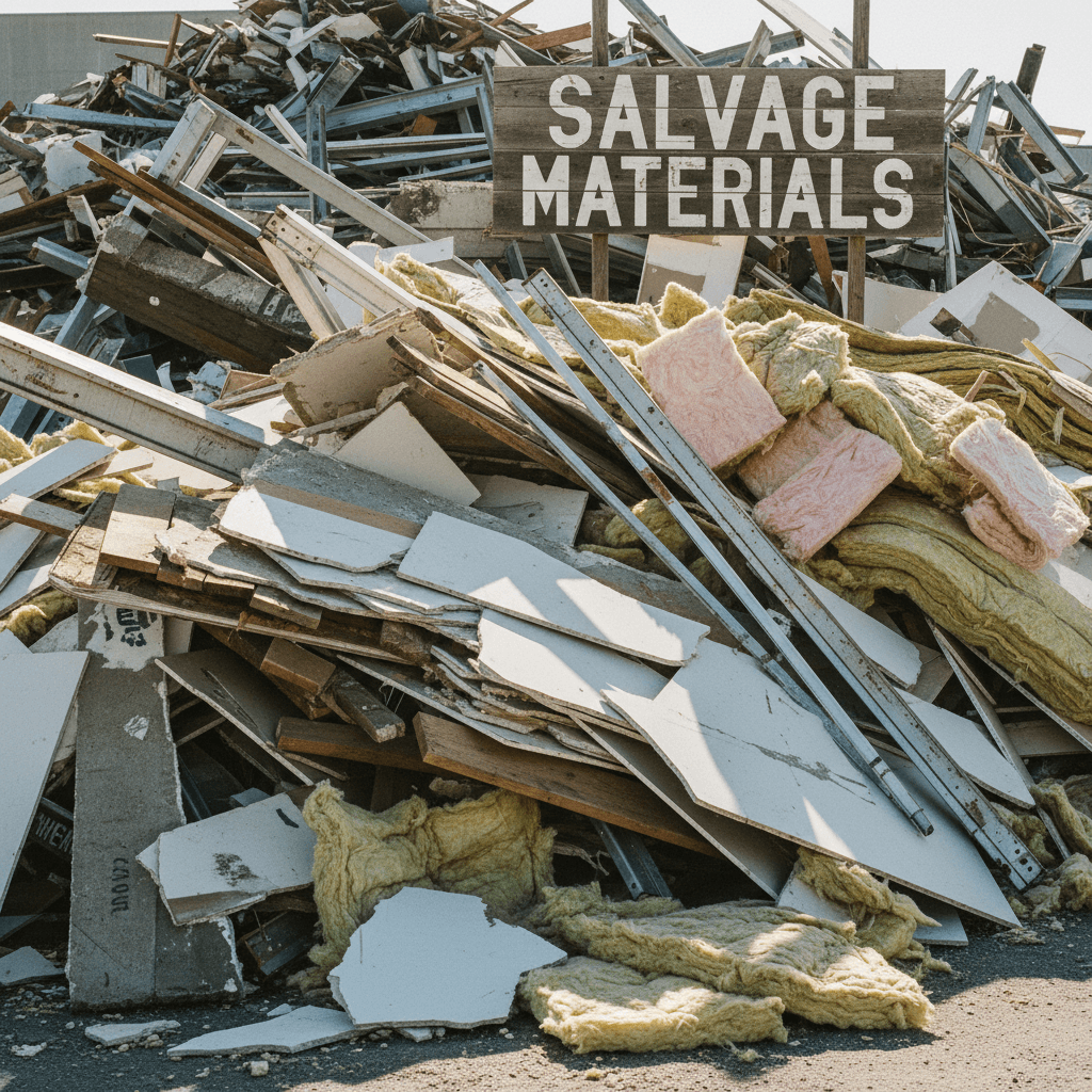 Mixed construction debris: wood, drywall, and metal