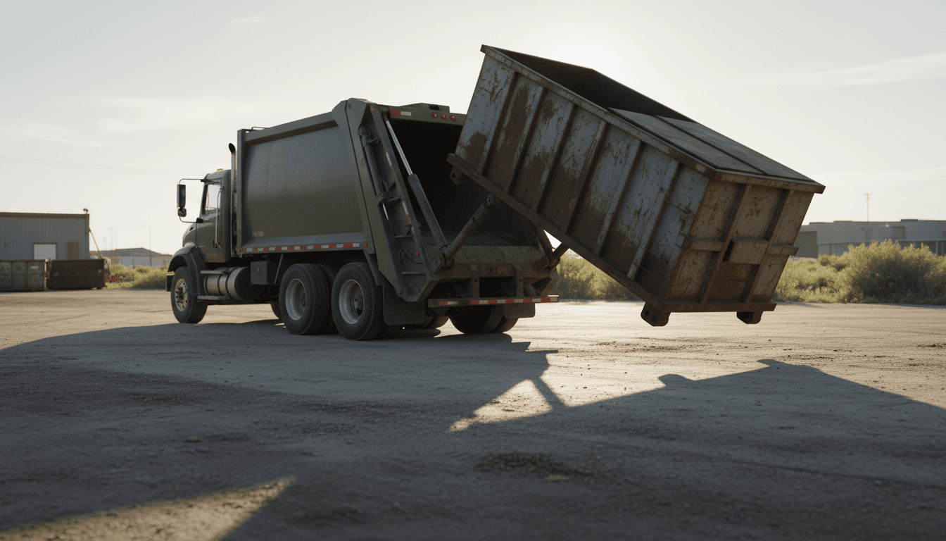 Waste collection truck lifting a commercial dumpster