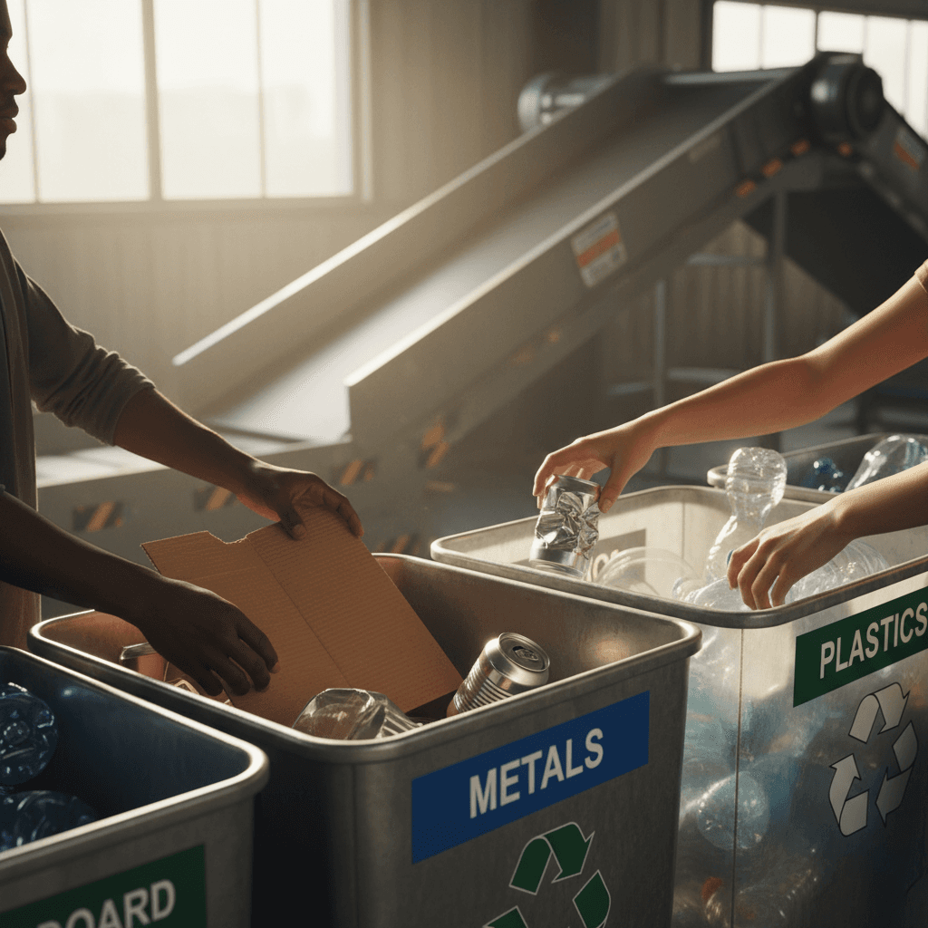Recyclable materials being sorted into bins