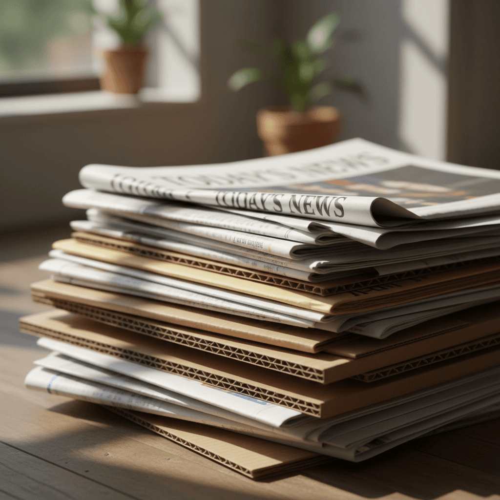 Stacked newspapers and cardboard boxes