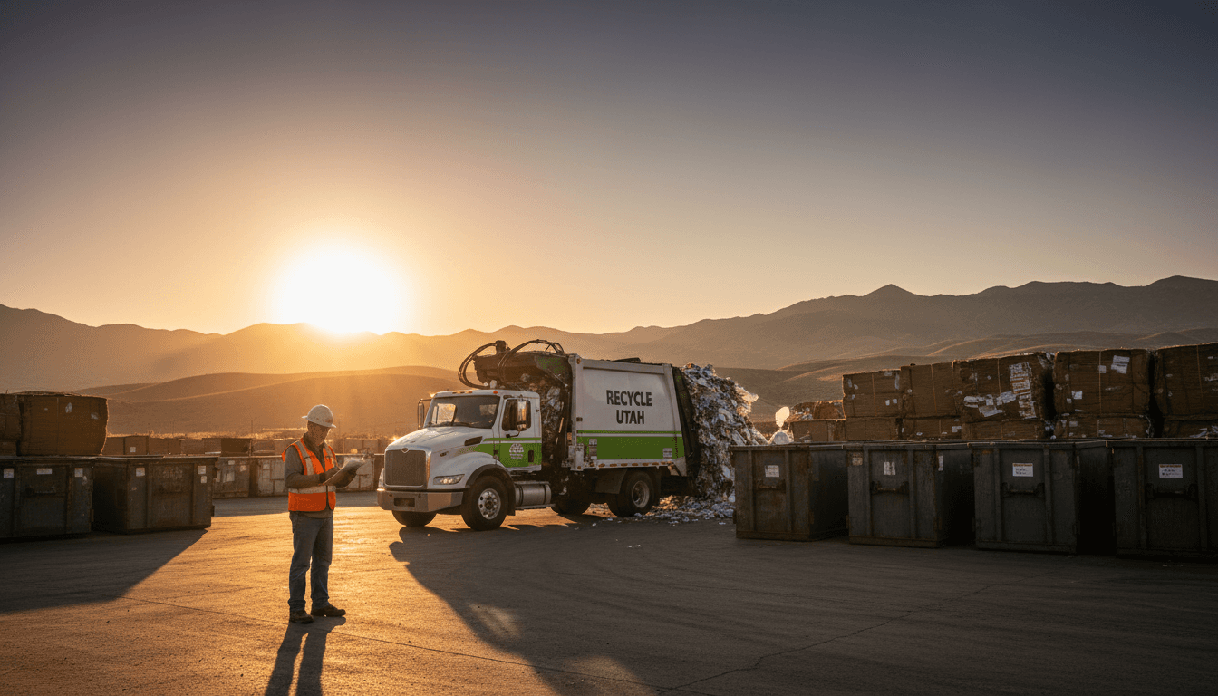 Intermountain Recycling crew member operating waste collection truck at Fillmore facility