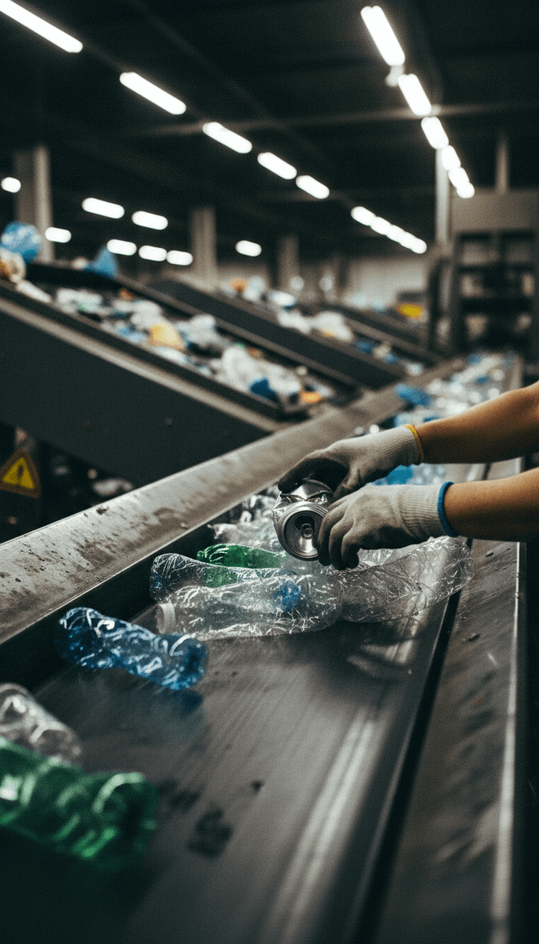 Worker hands sorting recyclable materials at a processing facility