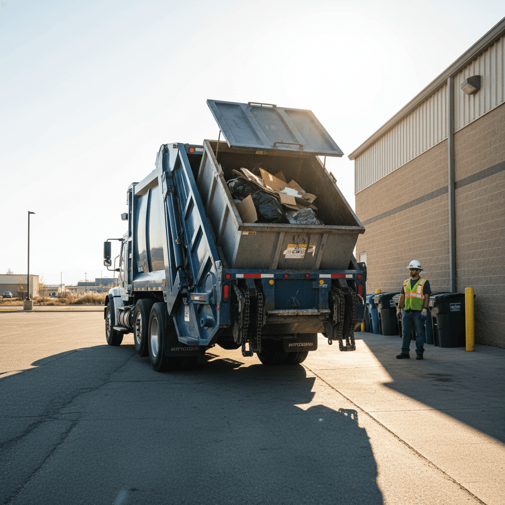 Routine waste collection truck at commercial property
