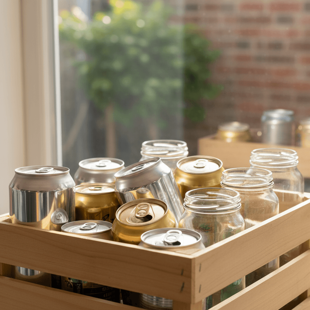 Aluminum cans and glass jars stacked for recycling