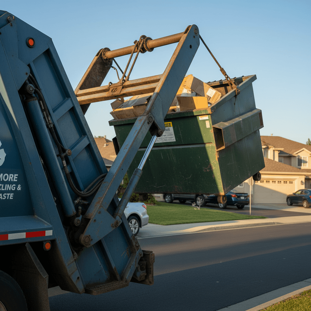 Waste collection truck lifting a dumpster