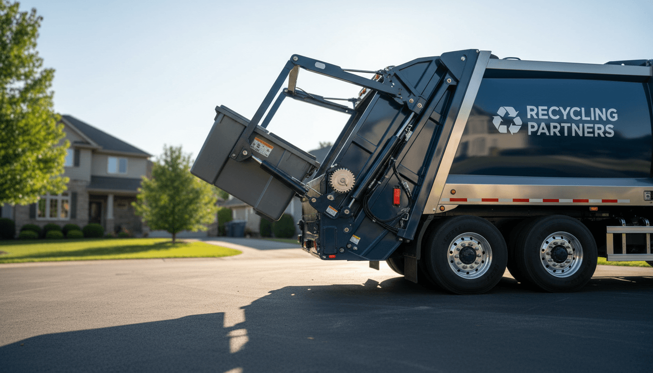 Intermountain Recycling waste collection truck lifting a residential dumpster